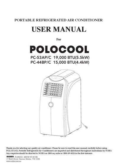POLOCOOL PC-53AP/C 19 000 BTU(5.5kW) PC-44BP/C 15 000 BTU(4.4kW) user manual - cover page