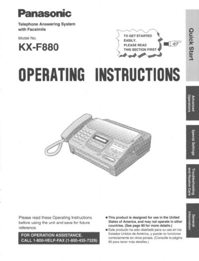 Panasonic KX-F880 Telephone Answering System with Facsimile Operating Instructions - cover page