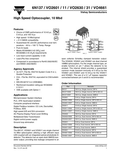 Vishay 6N137 / VO2601 / VO2611 / VO2630 / VO2631 / VO4661 Datasheet - cover page