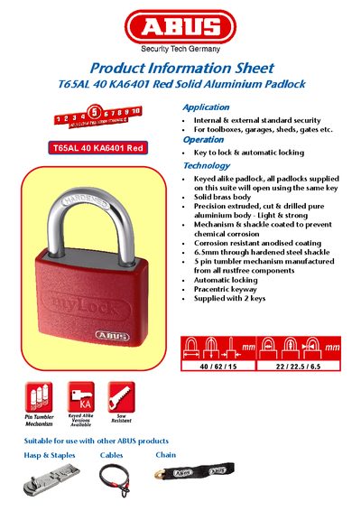 ABUS Product Information Sheet T65AL 40 KA6401 Red Solid Aluminium Padlock Manual - cover page
