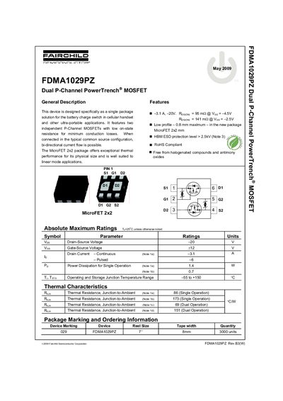 Fairchild Semiconductor FDMA1029PZ Dual P-Channel MOSFET Datasheet - cover page
