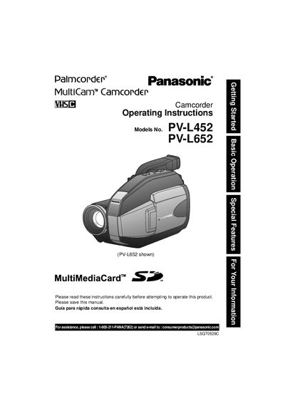 Panasonic PV-L452 / PV-L652 Camcorder User Manual - cover page