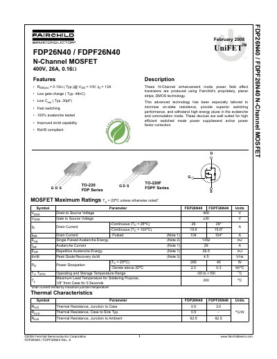 Fairchild FDP26N40/FDPF26N40 N-Channel MOSFET Datasheet