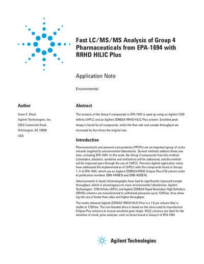 Agilent Fast LC/MS/MS Analysis of Group 4 Pharmaceuticals from EPA-1694 with RRHD HILIC Plus Application Note - cover page