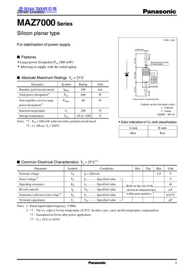 Panasonic MAZ7000 Series Zener Diode Datasheet - cover page
