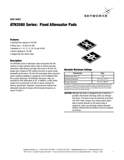 Skyworks ATN3580 Series Fixed Attenuator Pads Datasheet - cover page
