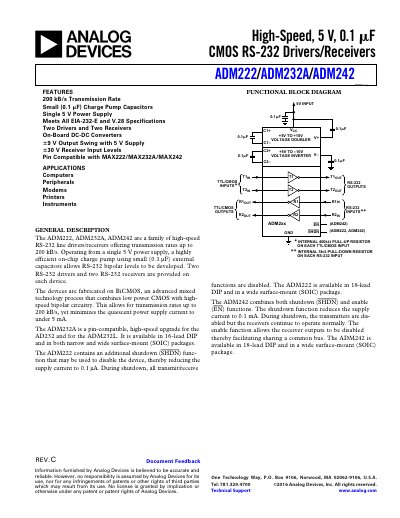 Analog Devices ADM222/ADM232A/ADM242 High-Speed RS-232 Drivers Receivers Datasheet - cover page