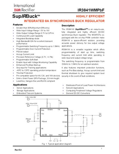 International Rectifier IR3841WMPbF Synchronous Buck Regulator Datasheet - cover page