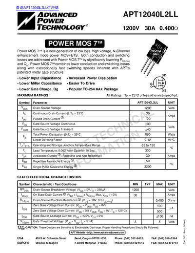 Advanced Power Technology APT12040L2LL Power MOSFET Datasheet - cover page