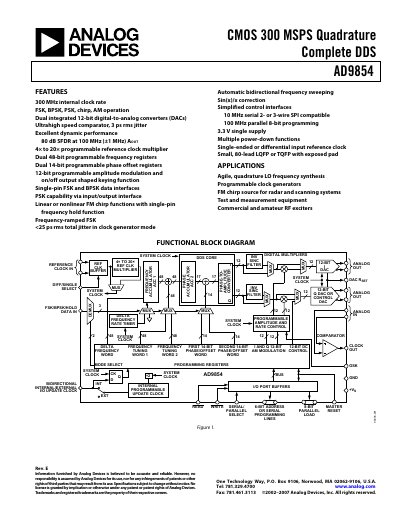 Analog Devices AD9854 CMOS 300 MSPS Quadrature Complete DDS Datasheet - cover page