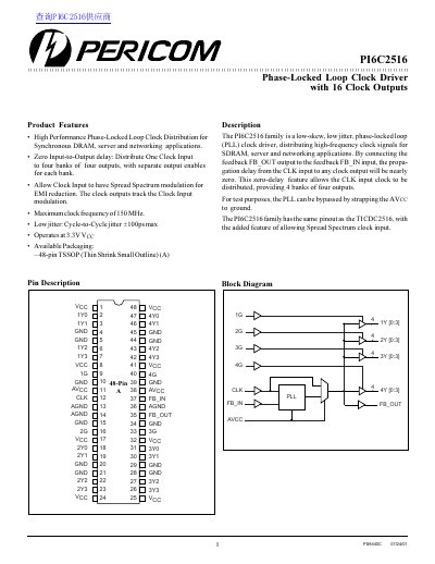 Pericom PI6C2516 Phase-Locked Loop Clock Driver Datasheet - cover page