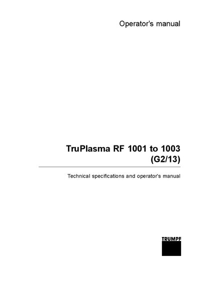 TRUMPF TruPlasma RF 1001 to 1003 Operator's Manual - cover page