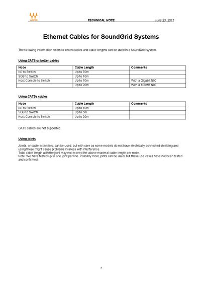 Ethernet Cables for SoundGrid Systems Technical Note - cover page