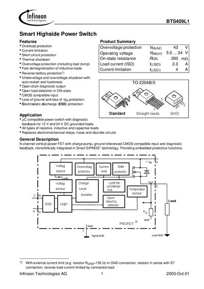 Infineon BTS409L1 Smart Highside Power Switch Datasheet - cover page