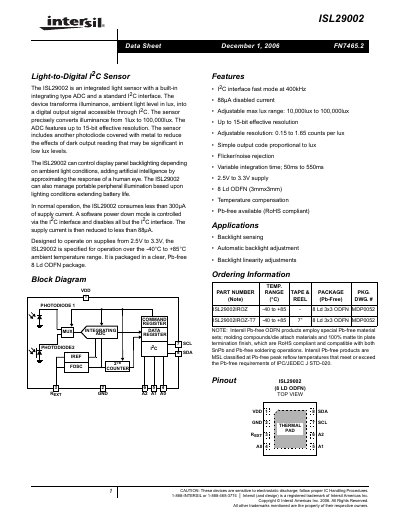 Intersil ISL29002 Light Sensor Datasheet - cover page