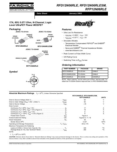 FAIRCHILD RFD12N06RLE RFD12N06RLESM RFP12N06RLE Manual - cover page
