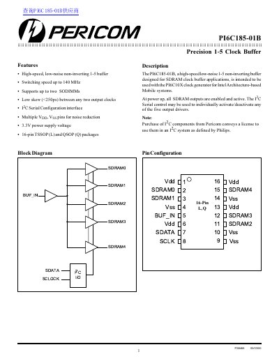 Pericom PI6C185-01B Precision 1-5 Clock Buffer Datasheet