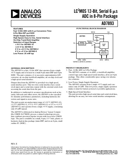 ANALOG DEVICES LC 2 MOS 12-Bit Serial 6 ms ADC in 8-Pin Package AD7893 handbook - cover page