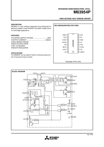 Mitsubishi M63954P High Voltage Half Bridge Driver Datasheet - cover page