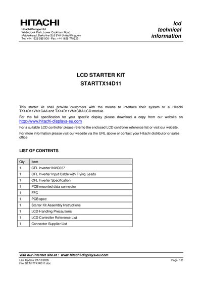 Hitachi STARTTX14D11 LCD Starter Kit Installation Guide - cover page