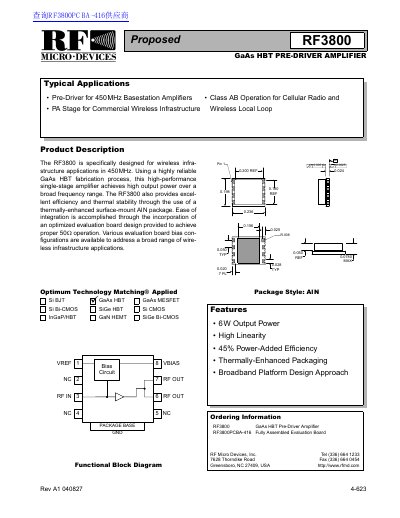 RF Micro Devices RF3800PCBA-416 GaAs HBT Pre-Driver Amplifier Evaluation Board Datasheet - cover page