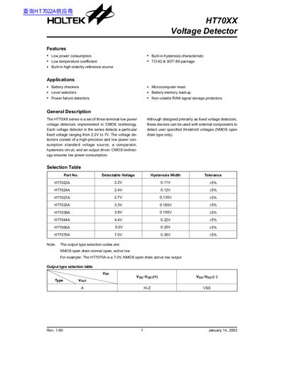 Holtek HT70XX Voltage Detector Datasheet - cover page