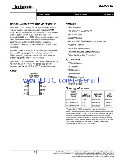 Intersil ISL97516 Step-Up Regulator Datasheet - cover page