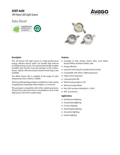 Avago ASMT-Ax00 1W Power LED Light Source Datasheet - cover page