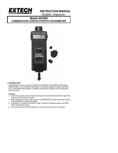 Extech Model 461895 Combination Contact/Photo Tachometer Instruction Manual - cover page