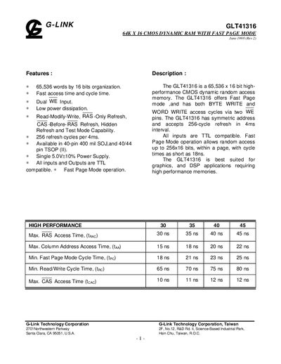 G-Link GLT41316 64K x 16 CMOS Dynamic RAM Datasheet - cover page