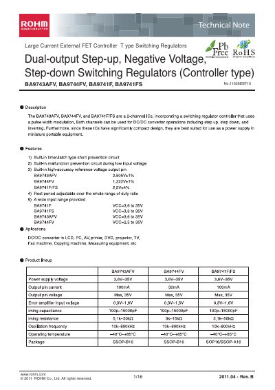 ROHM BA9744FV Dual-Channel Switching Regulator Technical Note - cover page