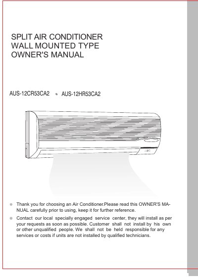 Air Conditioner AUS-12CR53CA2/AUS-12HR53CA2 Owner's Manual