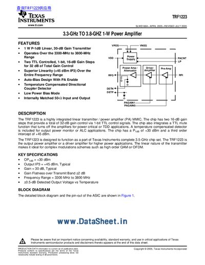 Texas Instruments TRF1223 3.3- to 3.8-GHz Power Amplifier Datasheet - cover page