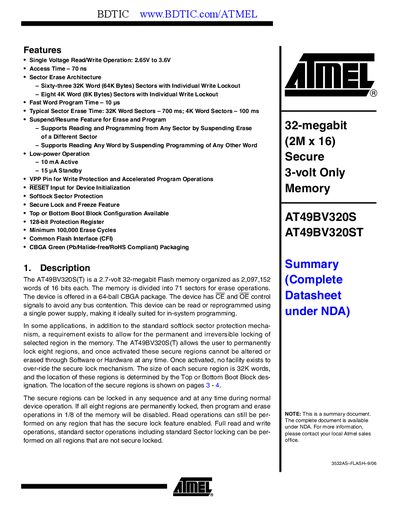 Atmel AT49BV320ST Flash Memory Datasheet - cover page
