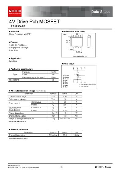 ROHM RQ1E050RP P-Channel MOSFET Data Sheet - cover page