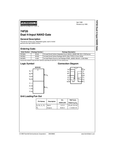 Fairchild 74F20 Dual 4-Input NAND Gate Datasheet - cover page