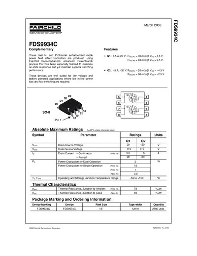 Fairchild Semiconductor FDS9934C Complementary Power FET Datasheet - cover page