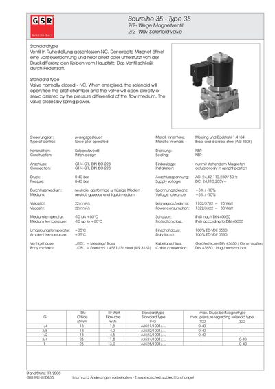 GSR Series 35 Solenoid Valve Technical Data Sheet - cover page