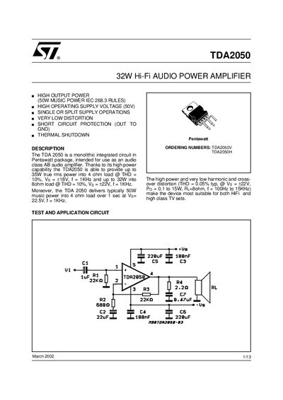 STMicroelectronics TDA2050 32W Hi-Fi Audio Power Amplifier Datasheet - cover page