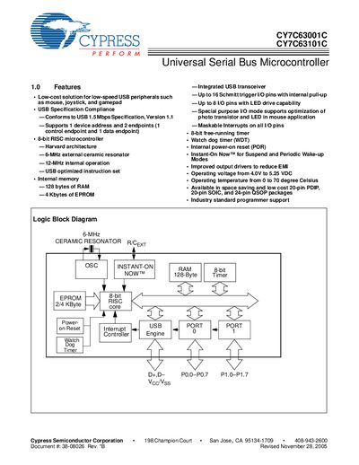 Cypress CY7C63001C CY7C63101C USB Microcontroller User Manual - cover page