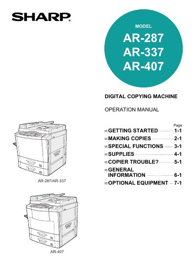 Sharp AR-287/AR-337/AR-407 Digital Copier Operation Manual - cover page