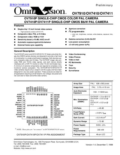 OmniVision OV7910P/OV7410P/OV7411P Single-Chip CMOS Camera Datasheet - cover page