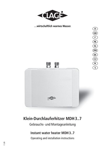 CLAGE MDH3..7 Operating and Installation Manual - cover page