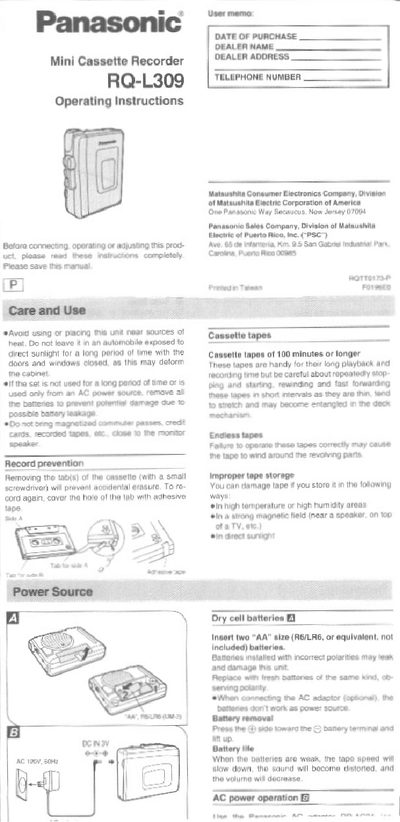 Panasonic RQ-L309 Mini Cassette Recorder Operating Instructions - cover page