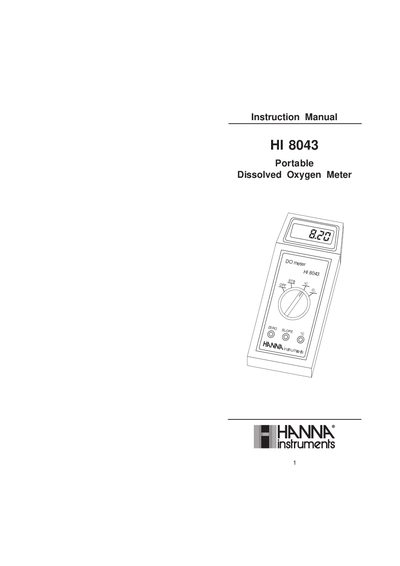 Hanna Instruments HI 8043 Portable Dissolved Oxygen Meter Instruction Manual - cover page