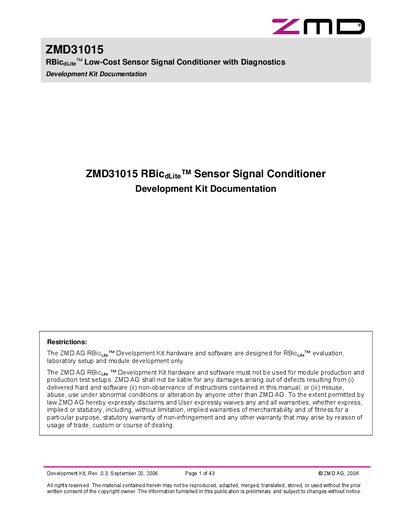 ZMD ZMD31015 Sensor Signal Conditioner Development Kit User Manual - cover page
