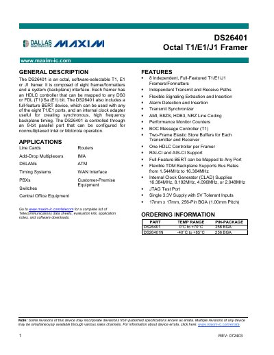 Maxim DS26401 Octal T1/E1/J1 Framer Datasheet - cover page