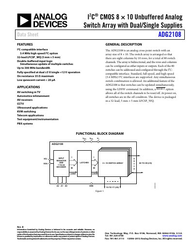 Analog Devices ADG2108 I2C CMOS Analog Switch Array Datasheet - cover page