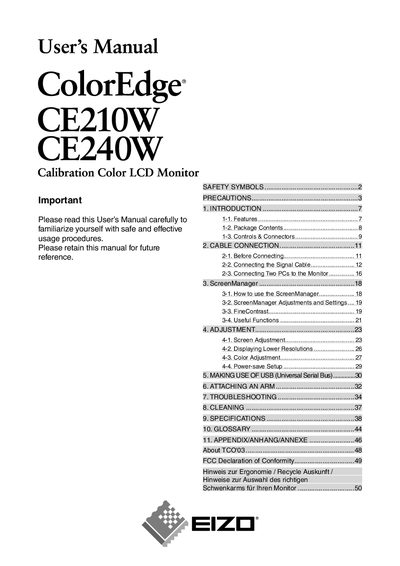EIZO CE210W/CE240W ColorEdge Monitor User Manual - cover page