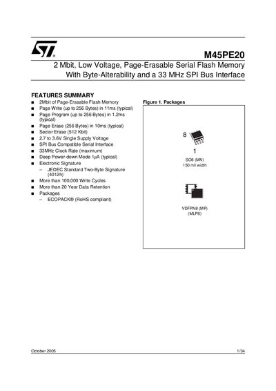 STMicroelectronics M45PE20 Serial Flash Memory Datasheet - cover page